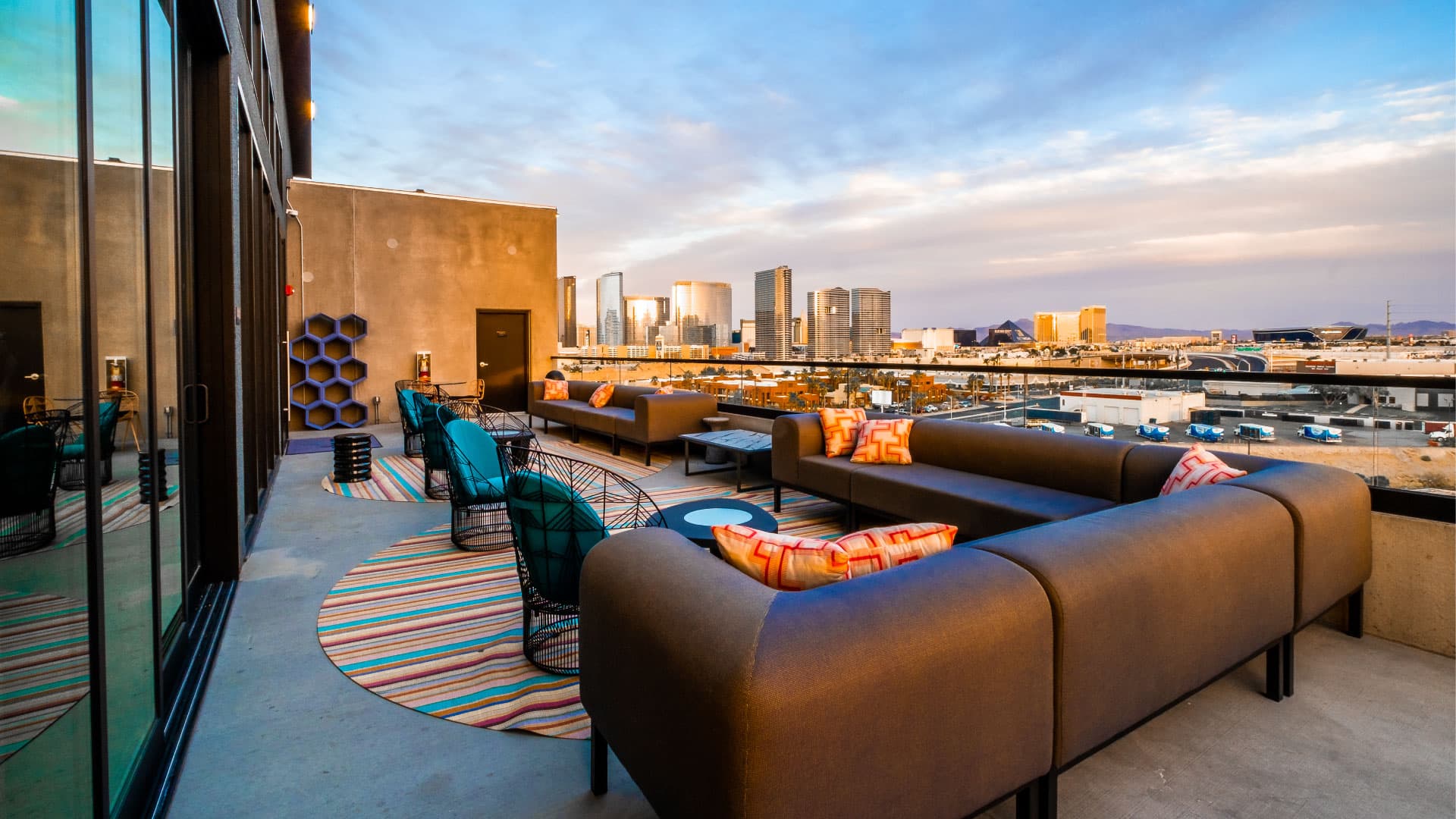 Outdoor deck with Strip views at Elysian at The Palms