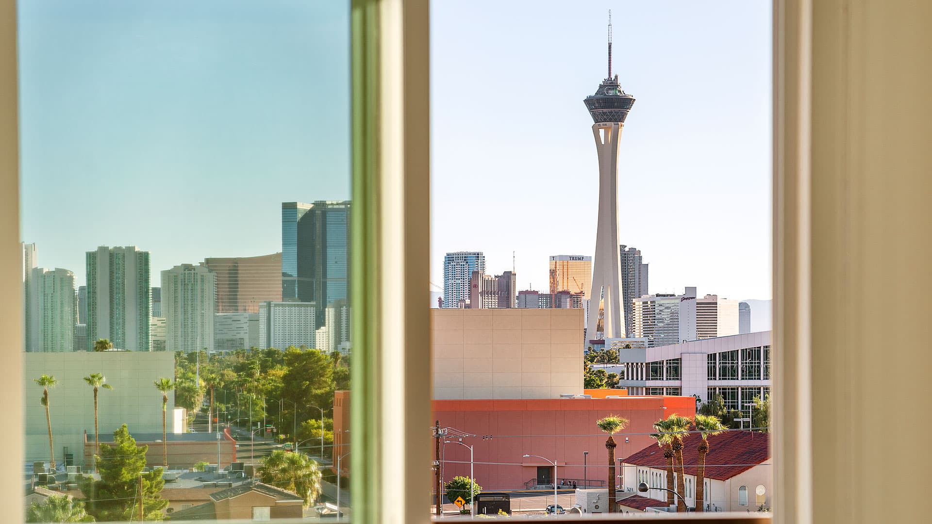 View of the Strat Hotel from an Elysian Living studio apartment in Las Vegas